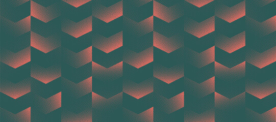 Vector graphical abstract wide panoramic background with a vibrant halftone chevron pattern in red and green colour. Grainy texture adds a punchy edge for creative, striking or conceptual artwork