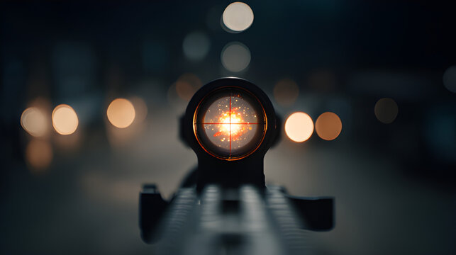 Sniper rifle gun reticle telescopic Sight marksman, looking through sniper scope crosshairs. Sniper scope gun target background. Game play sniper crosshairs aiming sights