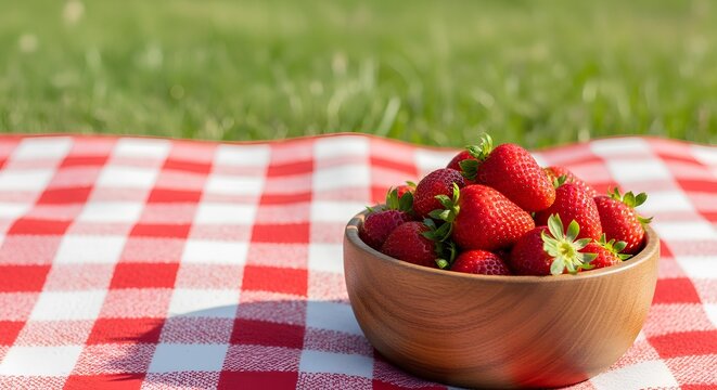 A rustic wooden bowl filled with fresh ripe strawberries resting on a red and white checkered picnic blanket on green grass