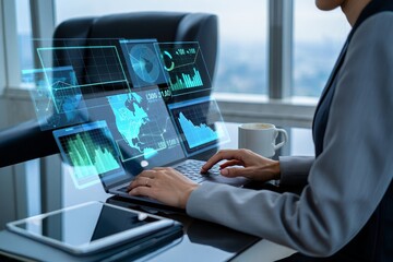 Woman in suit analyzing data on laptop with holographic interface in bright office space