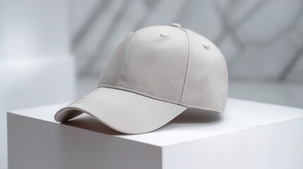 Light gray baseball cap on white table with blurred background, highlighting minimalist design and texture for fashion accessories and hat brand promotion