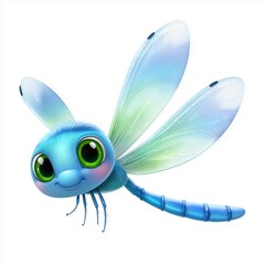 Whimsical Dragonfly in Flight: A charming, animated dragonfly with large, expressive eyes takes flight, exuding an aura of joyful innocence and lightheartedness.