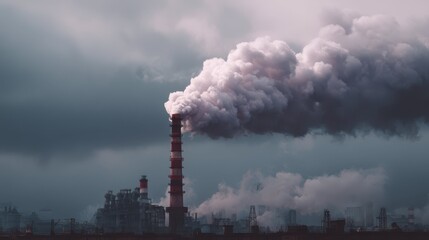 Large Factory Chimney Emitting Thick Smoke Against Stormy Sky