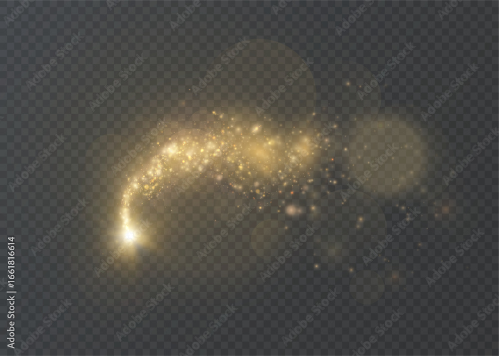 Poster golden magic comet with many sparkling dust particles and shimmering light effects. vector light eff
