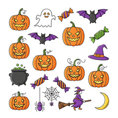 Collection of halloween icons featuring pumpkins bats ghosts and witches