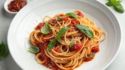 Elegant food photography of spaghetti with tomato sauce and basil, styled on a modern white dish background."
