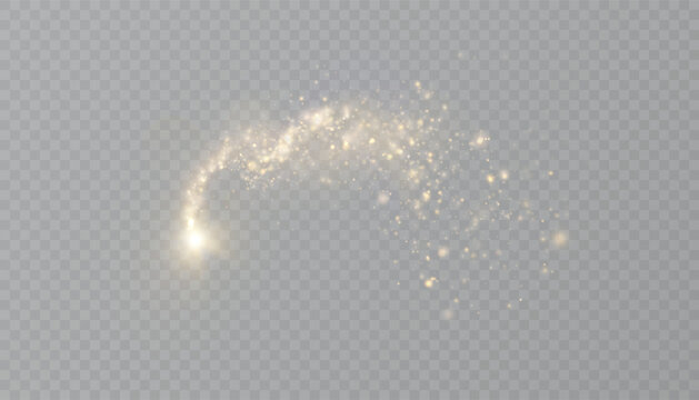 Glowing golden dust trail with shimmering particles and glowing glitter swirls on transparent background. Bright dust for holiday designs, fantasy effects, magical images of magical effect.