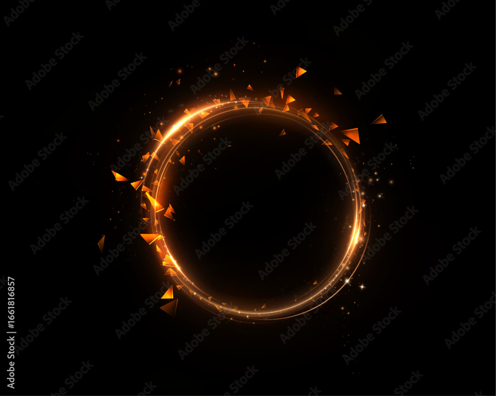 Poster futuristic glowing golden ring with flying triangle fragments on black background. for sci-fi visual