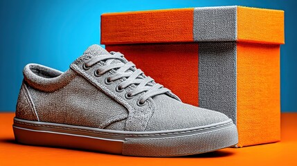 Gray cloth shoe on orange table with orange - gray shoe box, blue - orange gradient background highlighting color matching for fashion footwear, brand promotion, and shopping scenes
