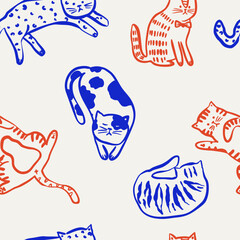 Playful seamless pattern with hand-drawn trendy cats.
