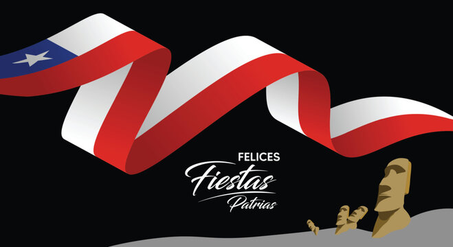 flag ribbon with landmark Chile Independence Day 18 September vector poster