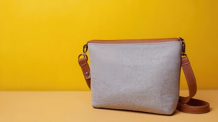 Simple light gray crossbody bag with brown leather strap, placed against yellow - brown gradient background, showing daily fashion sense