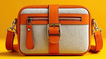 Fashionable orange - and - white crossbody bag with metal buckle and zipper, showcased against bright yellow background, highlighting exquisite design details