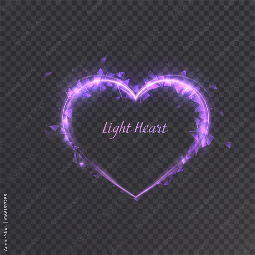 Poster purple glowing neon heart made of bright light lines, sparkling particles and fragments creating a b