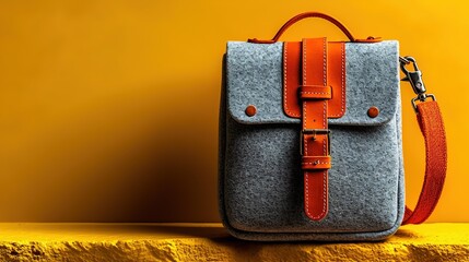 Gray felt crossbody bag with orange leather decorations and strap, placed on rough table against yellow - brown background, showing minimalist yet designed fashion taste