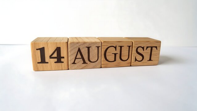 Wooden blocks spelling out august 14th for independence day celebrations and commemorative events on white background