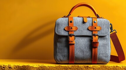 Gray canvas crossbody bag with brown leather decorations and double buckles, placed on rough table against yellow - brown background, showing retro and practical classic fashion charm