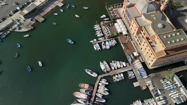 Aerial Drone View of Teatro Margherita and Marina with Boats in Bari, Apulia, Southern Italy on the Adriatic Coastline. Top View
