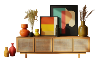 Vase with Anthurium flowers and ornaments on a wooden sideboard with blank artwork on the wall