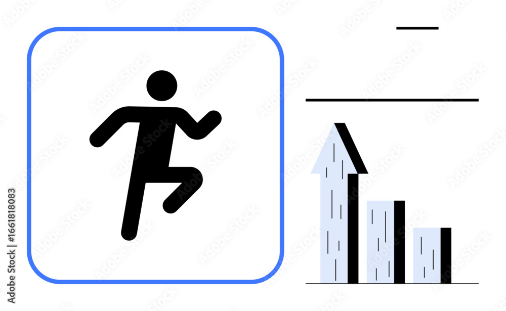 Poster person running alongside an upward-pointing bar graph symbolizing motivation, development, and achie