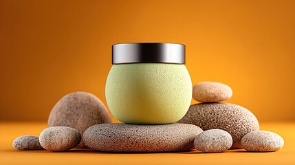 Green frosted cream jar with black metal lid, surrounded by pebbles of different sizes, placed against a warm orange background, creating a natural and soothing skincare product display atmosphere