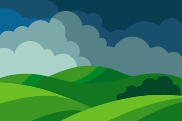Obraz premium Rolling green hills under dramatic stormy clouds vector illustration landscape