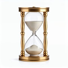 Golden hourglass with flowing sand symbolizing time passage and deadlines on white background