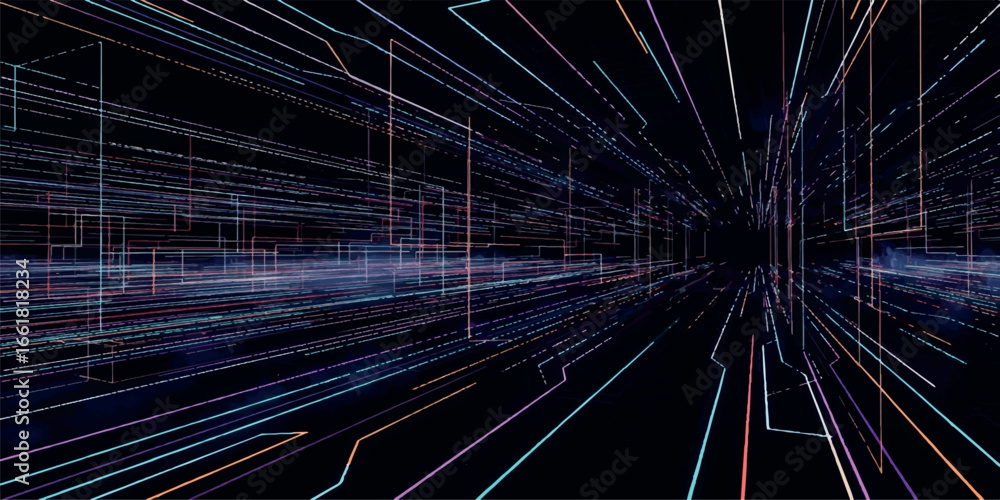 Poster abstract digital network of glowing lines and circuits, representing data transfer and future techno