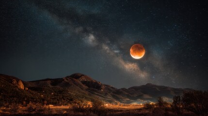 Glowing Lunar Eclipse Over Starry Night Sky and Mountain Landscape