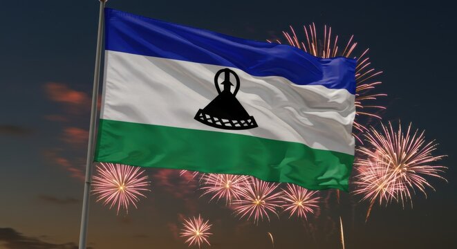 Lesotho Flag with Fireworks in the Night Sky – Independence Day Celebration Concept - Powered by Adobe