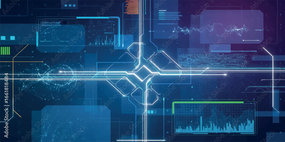 Aufkleber futuristic digital technology interface with glowing blue circuits and data analysis visualizations