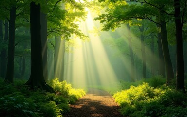 Fototapeta premium Beautiful rays of sunlight in a green forest. High quality