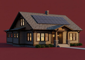 Modern Craftsman Home with Solar Panels at Dusk  Warm Evening Lighting, Sustainable Design.