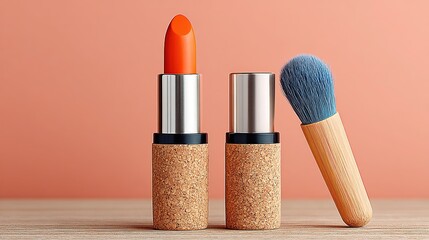 Orange lipstick and blue makeup brush displayed on cork - textured base against pink - orange gradient background, creating fresh and fashionable beauty display atmosphere and highlighting product sop