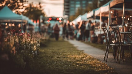 Obraz premium Outdoor Market Scene with Tents and Stalls During Sunset with Bokeh Lights and People