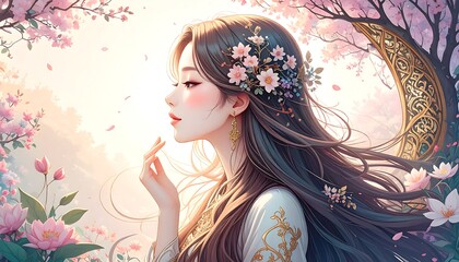 Serene Woman Adorned with Blossoms in a Dreamlike Garden