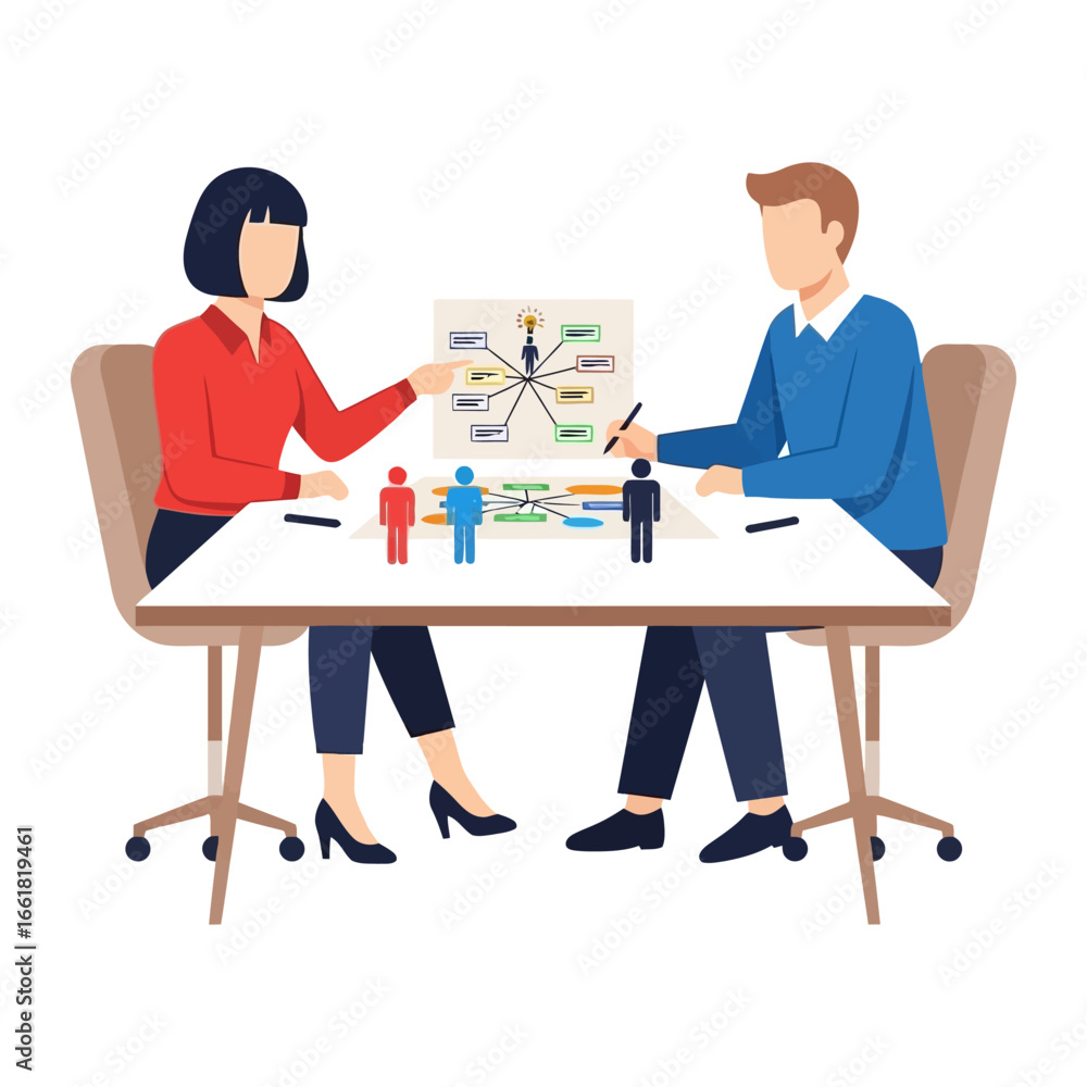 Poster strategic dialogue: two professionals engage in an insightful discussion around a collaborative, dat