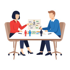 Strategic Dialogue: Two professionals engage in an insightful discussion around a collaborative, data-driven visual, exemplifying effective business strategy in action. 