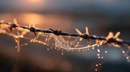 Dewcovered spiderwebs cling to barbed wire in the morning light