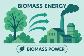 Biomass energy illustration showing tree and power plant with arrows indicating energy transfer. image emphasizes renewable energy and sustainability