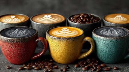 Colorful textured coffee cups with latte art, scattered coffee beans against dark background, highlighting rich color and delicate latte art of coffee drinks