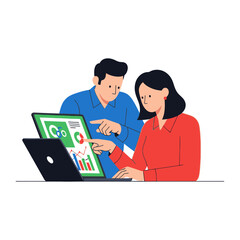 Teamwork in Data Analysis: A collaborative team of two professionals analyzing data, pointing at key insights on a laptop screen, symbolizing teamwork and collaborative decision-making.