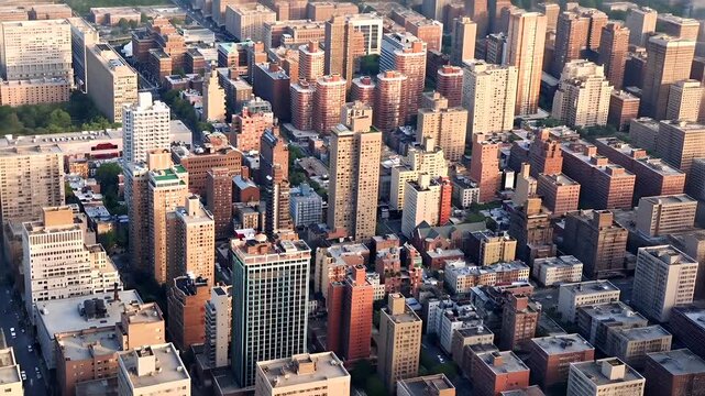 Manhattan, New York City. An aerial view of a cityscape during the golden hour, showcasing a blend of modern and older architectural styles. The city is densely packed with highrise buildings.