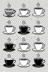 Black and White Coffee and Tea Cup Vector Set with Steam, Transparent Background