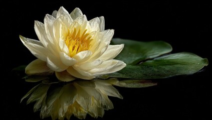 Elegant White Lotus Flower With Reflection On Dark Background