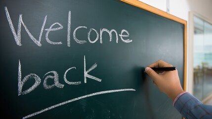 Hand holding chalk writing “Welcome back” on green blackboard, creating back - to - school or return atmosphere