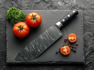 A tomatoes sliced and laid on the stone board.