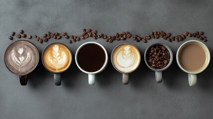Row of coffee cups with various latte art designs, orderly arranged coffee beans in front against dark gray background, highlighting diversity and sophistication of coffee drinks