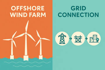 Illustration of offshore wind farm with three turbines in ocean, highlighting grid connection process with icons of power lines and buildings