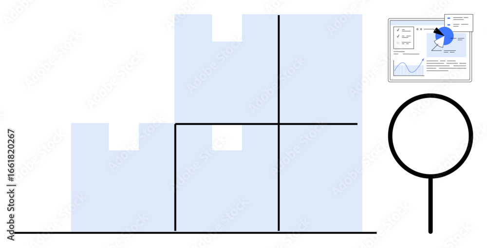 Aufkleber bar chart with divided sections, analytic report showing graph and pie chart detail, magnifying glas